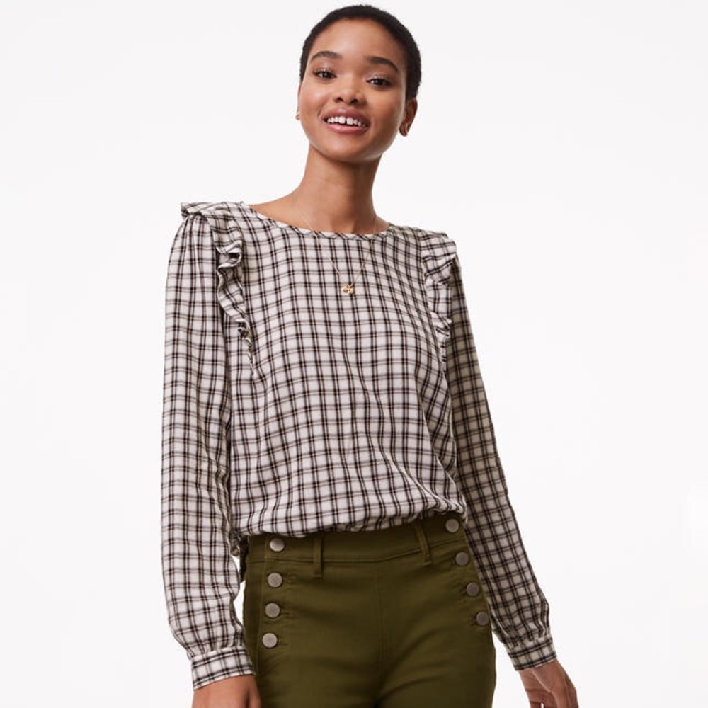 LOFT Ruffle Sleeve Plaid Top